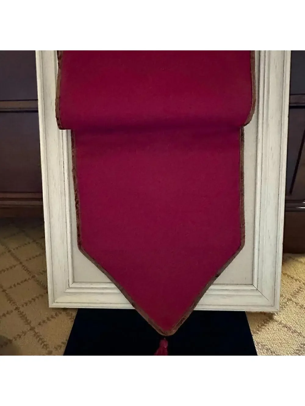 Vintage flocked velvet burgundy table runner with border with tassel